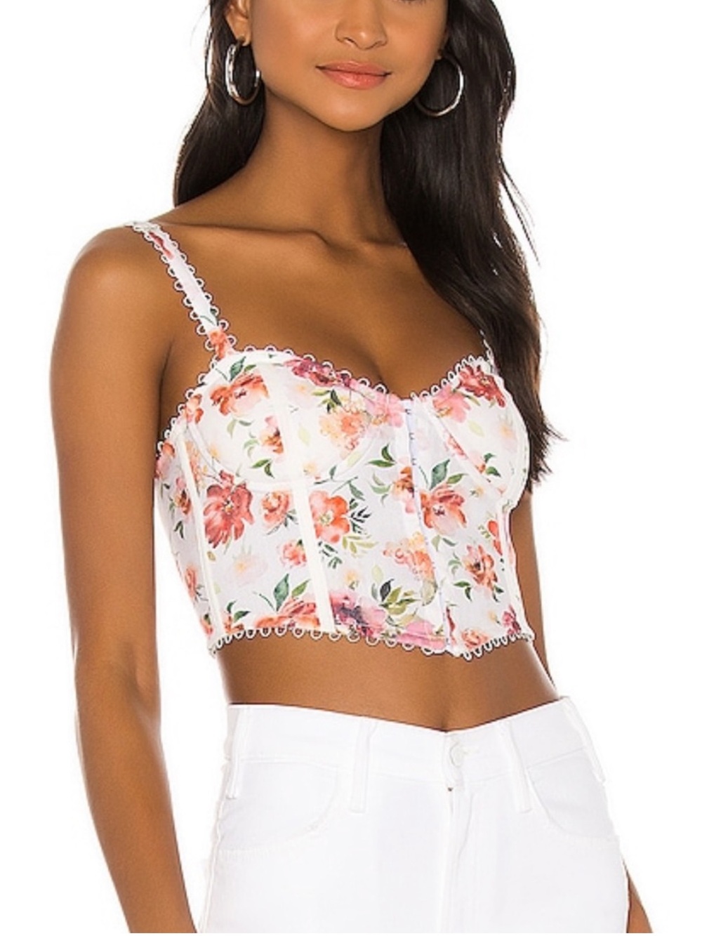 V. Chapman White Floral Bustier Crop Top with Pink & Coral Roses